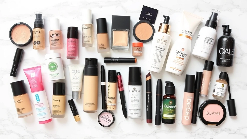 Diverse group of affordable drugstore cosmetic products arranged on white marble surface, including foundations, mascaras, and skincare bottles in various shades and colors, natural lighting, high resolution product photography