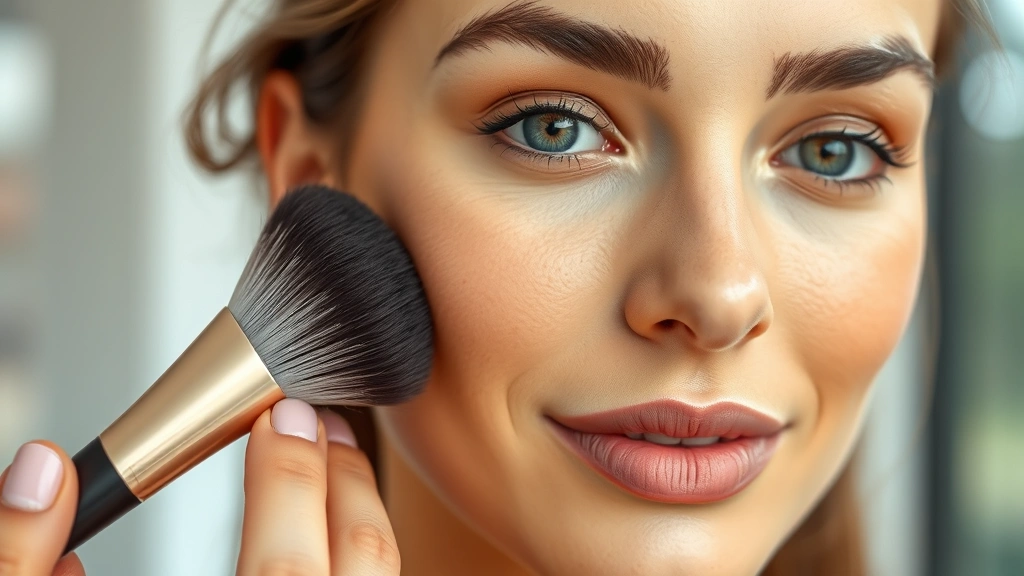 Close-up of woman applying affordable makeup foundation with brush, showing even application on face with natural skin tone, professional makeup application technique, natural window lighting