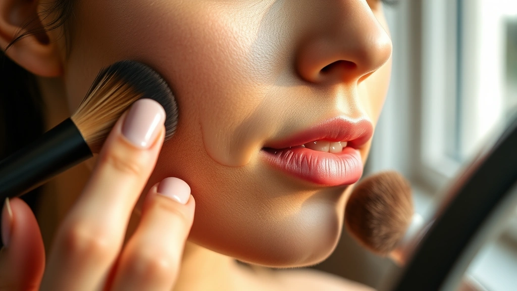 Close-up of woman applying foundation with brush to cheek, showing blend and coverage, warm skin tone, natural lighting from window, professional makeup application technique, no mirror or reflective surfaces