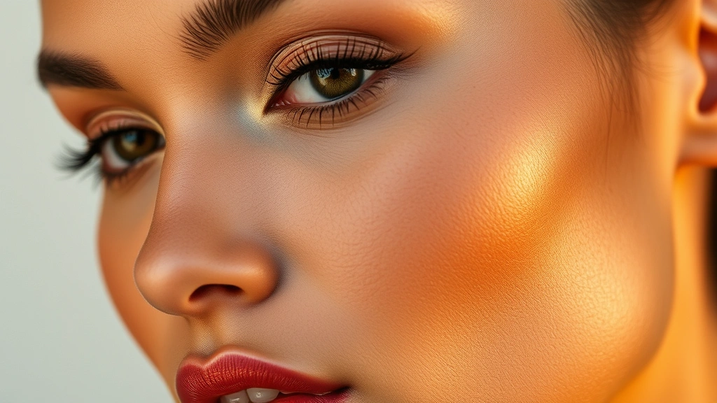 Close-up of a woman with flawless makeup application featuring budget-friendly products, natural skin texture visible, warm lighting showcasing foundation, eyeshadow, and lipstick blending seamlessly, diverse skin tone representation