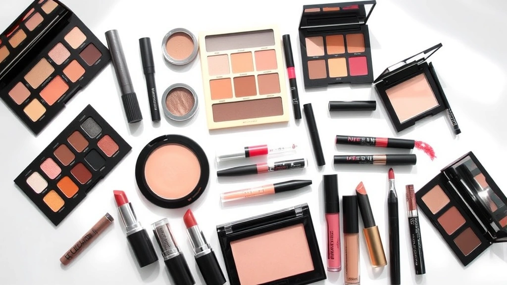 Organized display of budget makeup products including eyeshadow palettes, lipsticks, and mascaras arranged by color on white background with soft shadows, beauty product collection photography