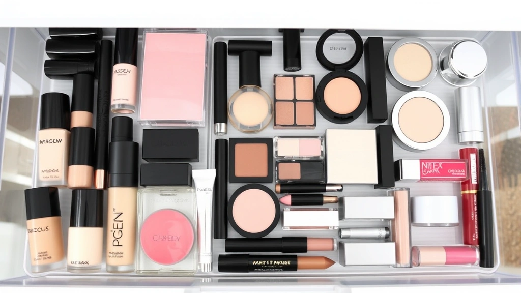Organized makeup collection in clear drawer organizer showing foundations, blushes, eyeshadows, and lip products neatly arranged by category, minimalist aesthetic, bright overhead lighting, no brand names visible