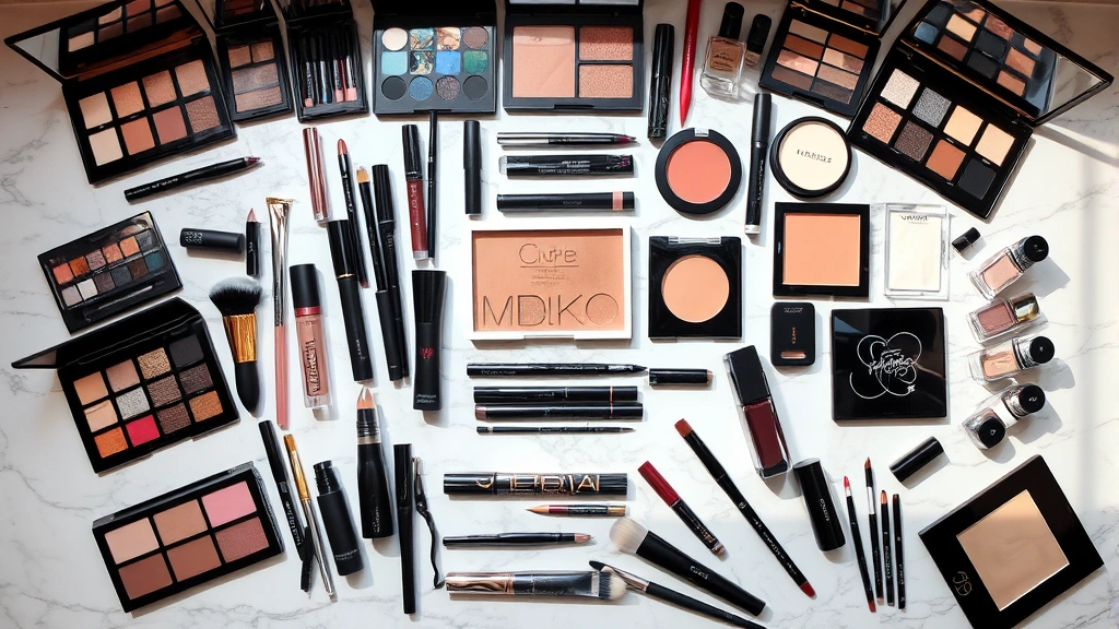 Organized makeup collection displaying budget cosmetic brands in a beautiful arrangement with brushes, palettes, and products artfully displayed on marble surface with soft shadows and professional lighting, no visible product names or text