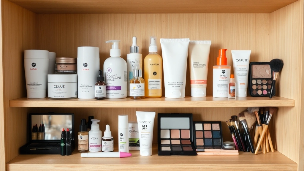 Organized collection of affordable beauty essentials including moisturizers, serums, eyeshadow palettes, and brushes on minimalist wooden shelf, clean aesthetic, product arrangement showing variety and inclusivity