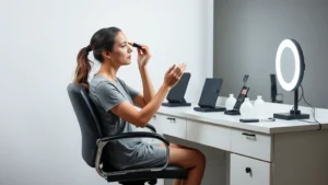 Professional makeup artist seated in adjustable height salon chair at vanity with LED ring light, applying foundation with steady hand position, neutral background showing proper ergonomic posture