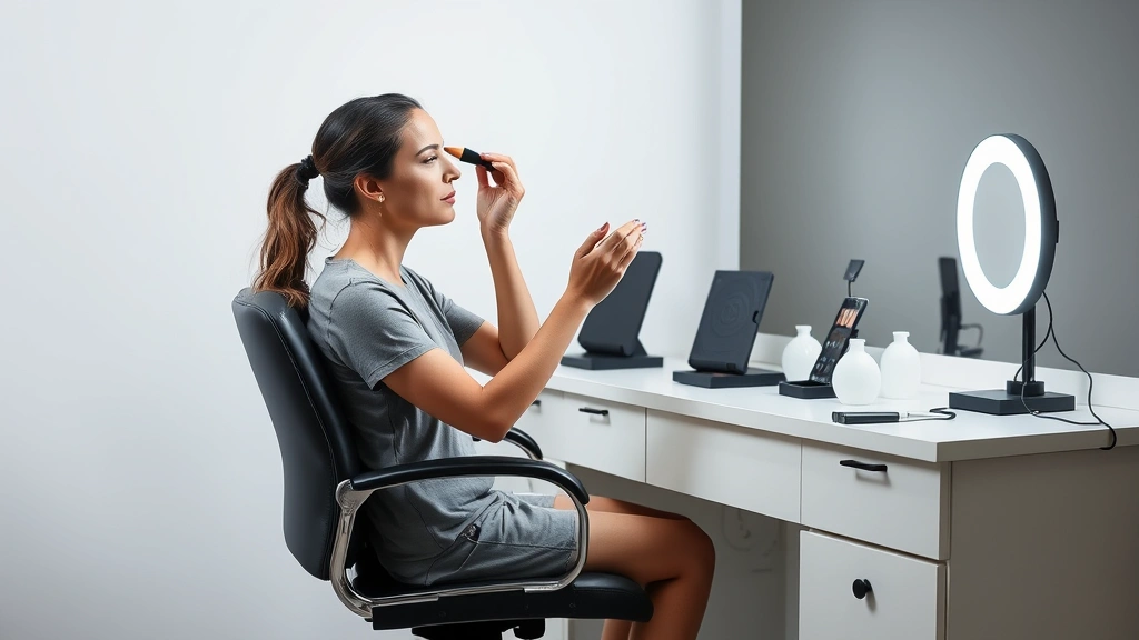 Professional makeup artist seated in adjustable height salon chair at vanity with LED ring light, applying foundation with steady hand position, neutral background showing proper ergonomic posture