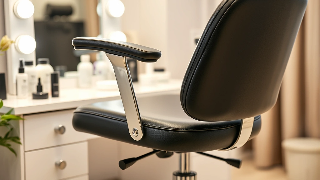 Close-up of high-quality black leather cosmetic chair with pneumatic height adjustment lever, swivel base, and lumbar support, positioned at makeup vanity with mirror and skincare products