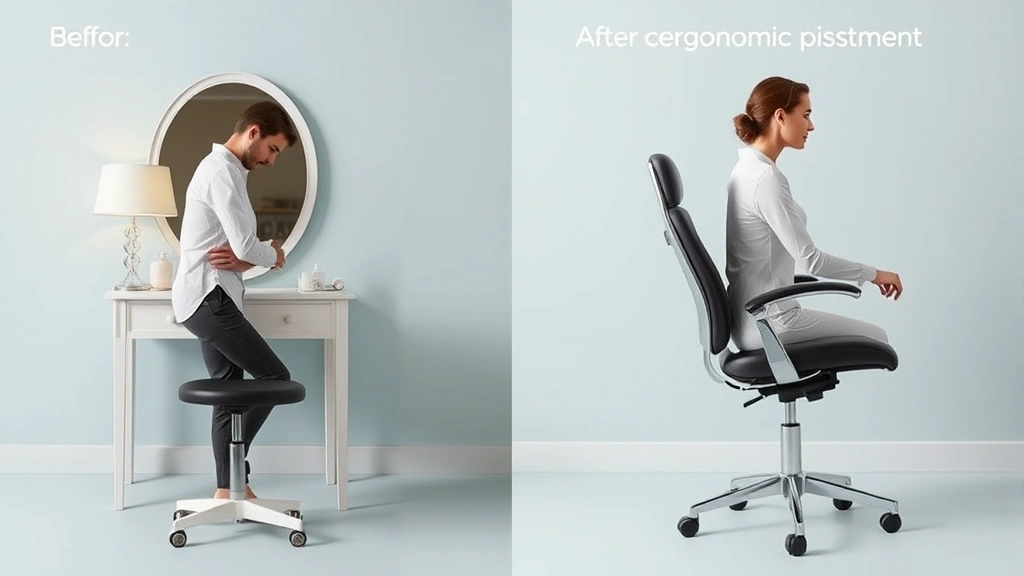 Before-and-after comparison showing poor posture hunched over vanity versus proper ergonomic positioning in quality cosmetic chair, demonstrating neck and shoulder alignment benefits