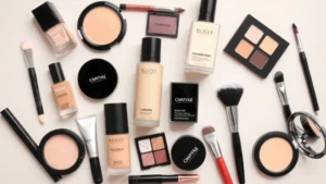 Flat lay composition of diverse affordable makeup products including foundations, eyeshadows, and brushes arranged artfully on neutral background, showing product variety and accessibility