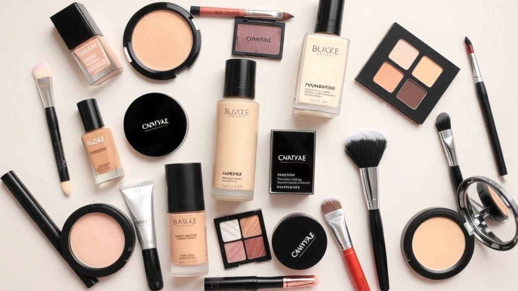 Flat lay composition of diverse affordable makeup products including foundations, eyeshadows, and brushes arranged artfully on neutral background, showing product variety and accessibility