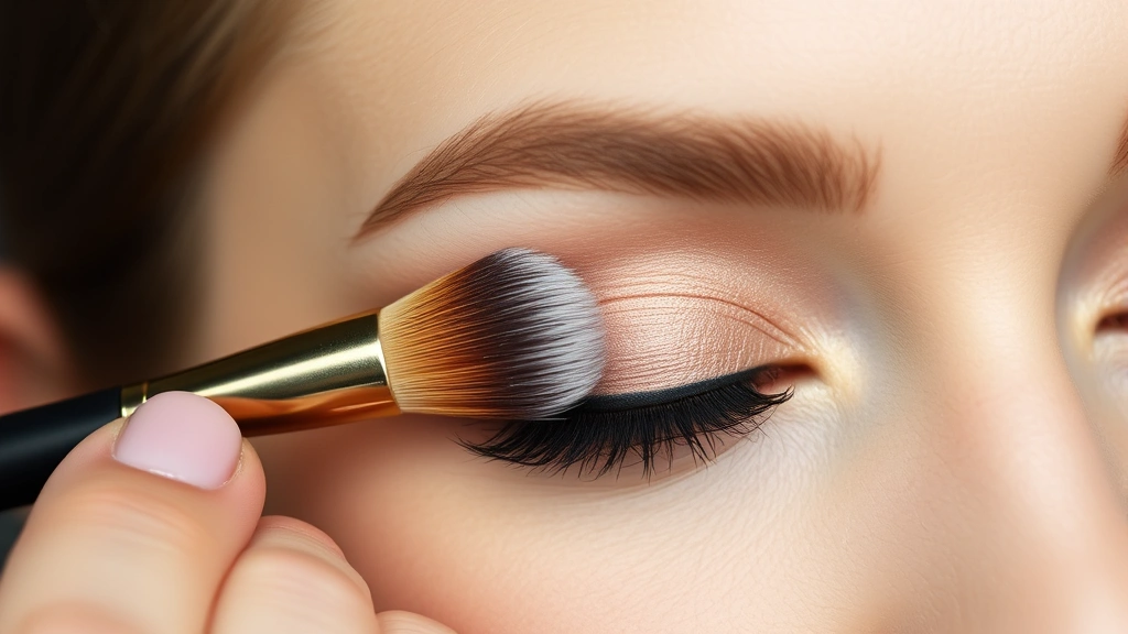 Close-up of a makeup artist's hands blending eyeshadow with a quality brush on a model's eyelid, demonstrating technique and application quality with budget-friendly products