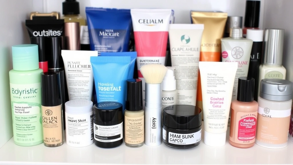 Organized makeup collection display featuring multiple affordable brand products with visible ingredient lists and packaging, emphasizing diversity of options and skin-type specific choices
