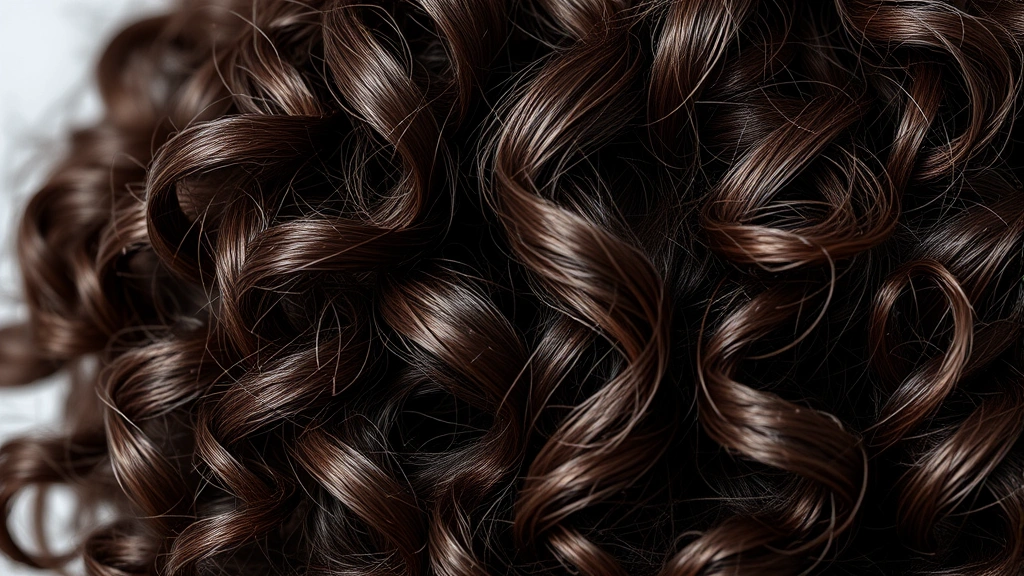 Close-up of shiny, voluminous dark brown curly hair with frizz-free definition, professional lighting highlighting curl pattern and moisture, no product packaging visible, beauty photography style