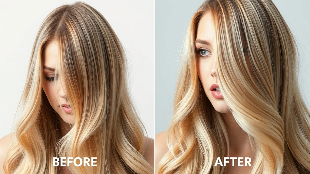 Woman with long blonde damaged hair showing split ends and dullness being smoothed and polished, before-and-after concept with lighting emphasizing shine transformation, photorealistic beauty content