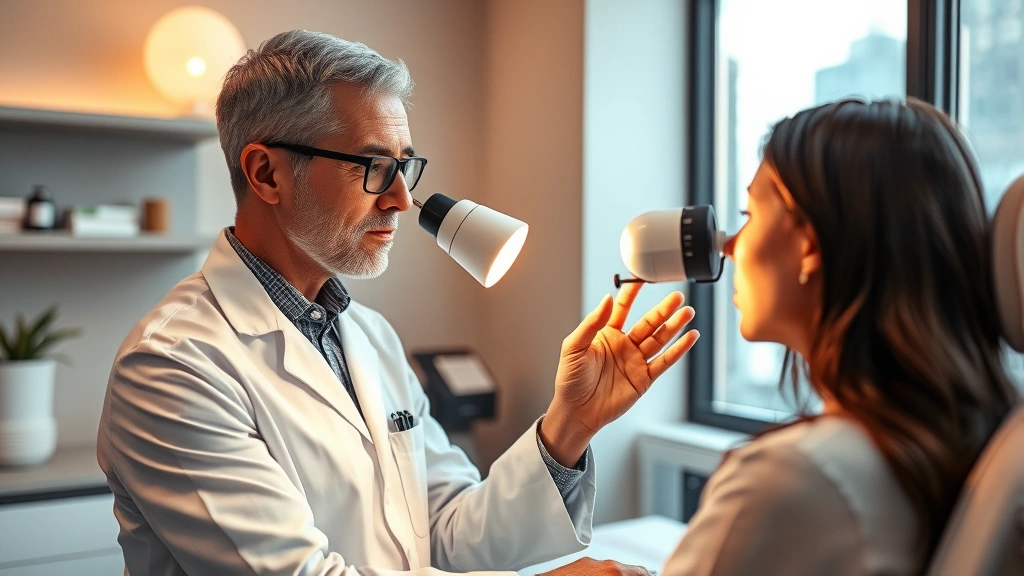 Professional dermatologist performing consultation with female patient in modern Chicago clinic, examining facial skin with magnifying lamp, warm lighting, clinical yet comfortable setting