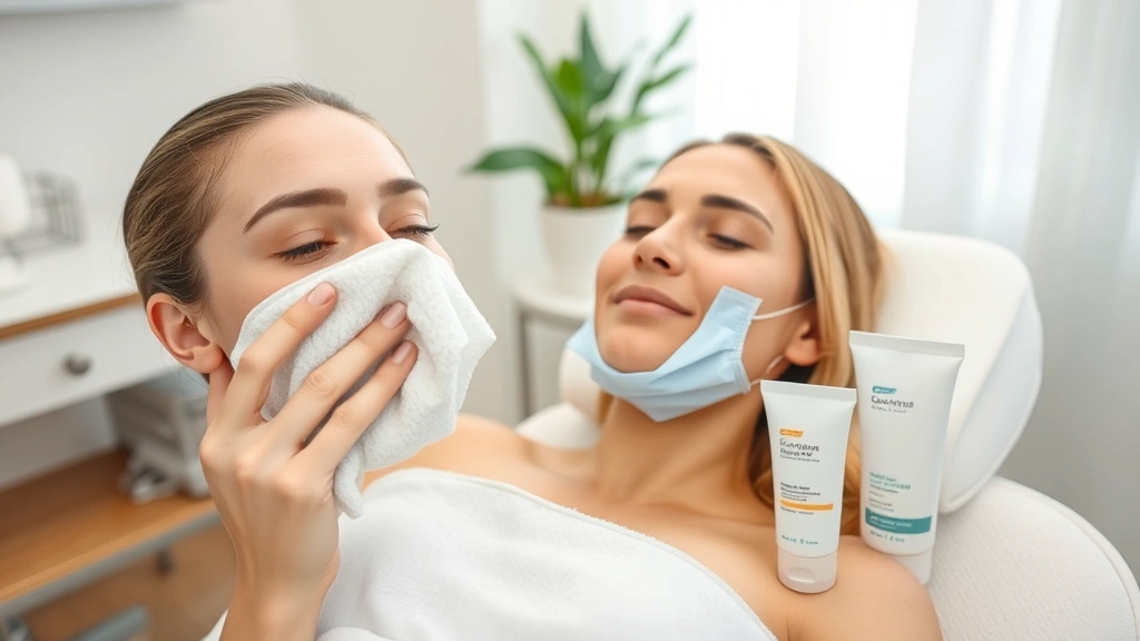 Recovery room setting with patient holding cool compress to face post-procedure, displaying proper aftercare with medical-grade moisturizer and sunscreen on nearby table, calming environment