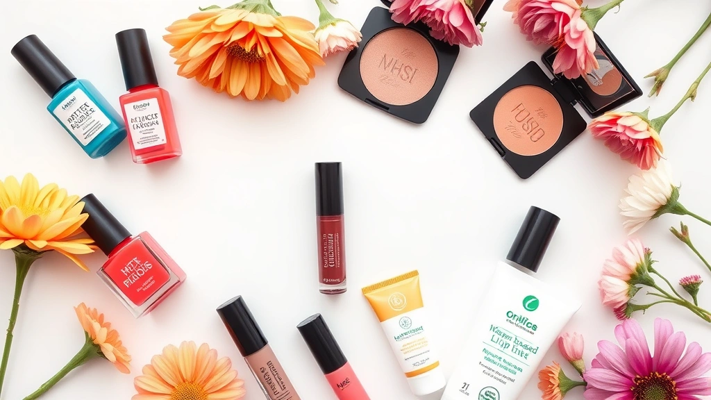 Flat lay of colorful children's makeup products including water-based nail polish, natural lip tints, mineral blushes, and certified organic cosmetics on a white background with fresh flowers