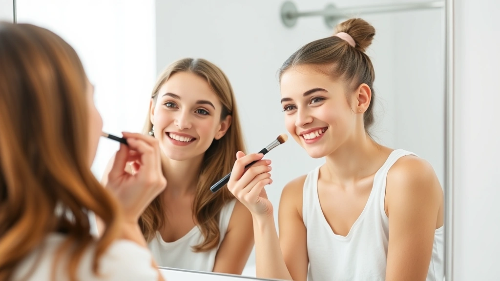 Parent and tween daughter bonding while applying light, safe makeup together in a bright bathroom, both smiling, demonstrating proper gentle application technique with makeup brush