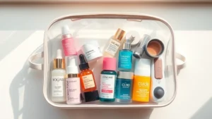 Overhead flat lay of organized clear cosmetic bag filled with colorful skincare serums, moisturizers, and makeup products neatly arranged, natural window lighting, photorealistic