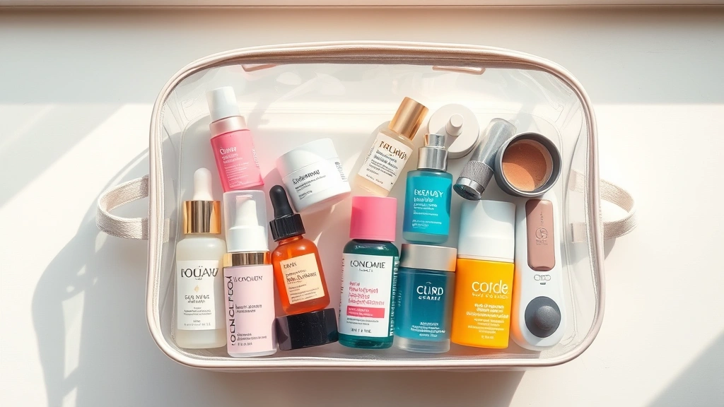Overhead flat lay of organized clear cosmetic bag filled with colorful skincare serums, moisturizers, and makeup products neatly arranged, natural window lighting, photorealistic