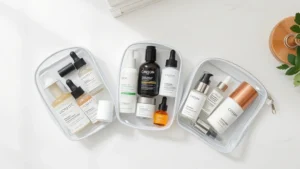 Flat lay overhead shot of three transparent clear cosmetic pouches containing organized skincare bottles, serums, and jars in minimal bathroom aesthetic with white marble surface and soft natural lighting
