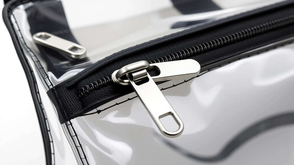 Close-up detail of premium clear pouch zipper mechanism showing reinforced metal slider and double-stitched seams with smooth functionality and professional construction