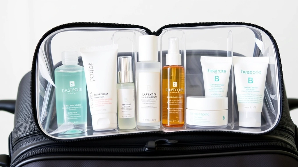 Travel-ready clear cosmetic pouch opened showing neatly compartmentalized skincare products, toners, and creams with TSA-compliant sizing displayed in minimalist luggage setting