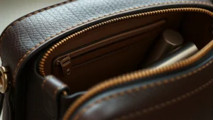 Close-up of premium leather Coach cosmetic bag exterior showing detailed stitching and hardware, soft natural lighting highlighting texture and craftsmanship quality, beauty product organized inside visible compartments