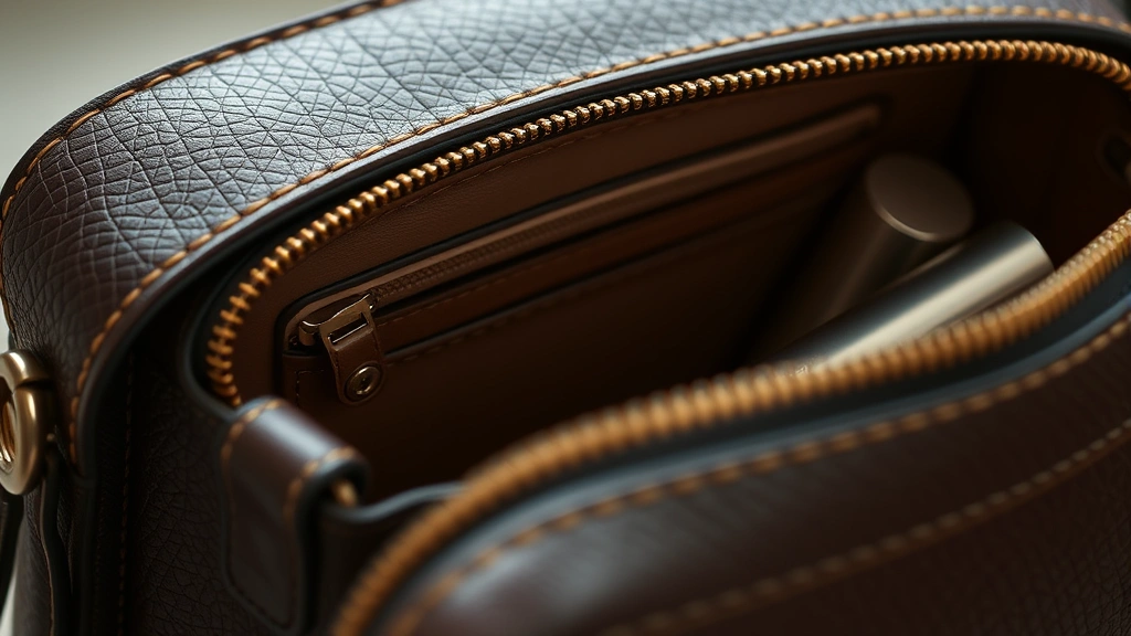 Close-up of premium leather Coach cosmetic bag exterior showing detailed stitching and hardware, soft natural lighting highlighting texture and craftsmanship quality, beauty product organized inside visible compartments