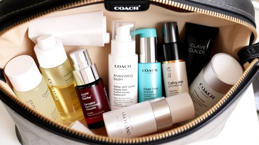 Organized skincare collection stored inside Coach cosmetic bag with visible compartments containing serums, moisturizers, and cleansers neatly arranged, emphasizing storage functionality and product protection