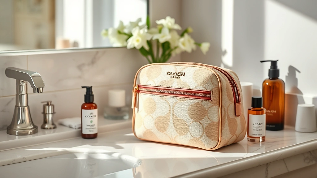 Luxury Coach cosmetic bag displayed on marble bathroom counter with skincare products arranged nearby, soft morning light creating elegant atmosphere, showing aesthetic appeal and practical daily use context