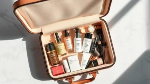 Overhead flat lay of luxury Coach cosmetic case opened, displaying organized compartments with various skincare bottles, serums, creams, and makeup brushes neatly arranged, soft natural lighting, marble or wooden surface background