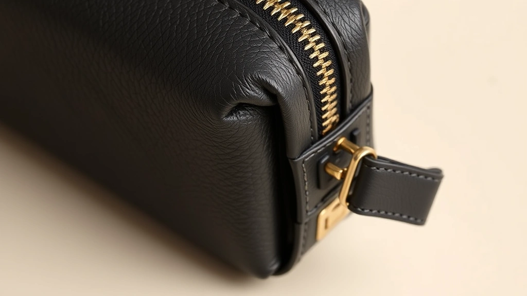 Close-up detail of Coach cosmetic case exterior showing premium leather texture, stitching detail, and metal hardware, professional product photography style, neutral background highlighting craftsmanship