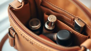 Close-up of luxury leather Coach cosmetic purse in tan and brown tones, showing detailed stitching and hardware, cosmetic products organized inside compartments, soft natural lighting