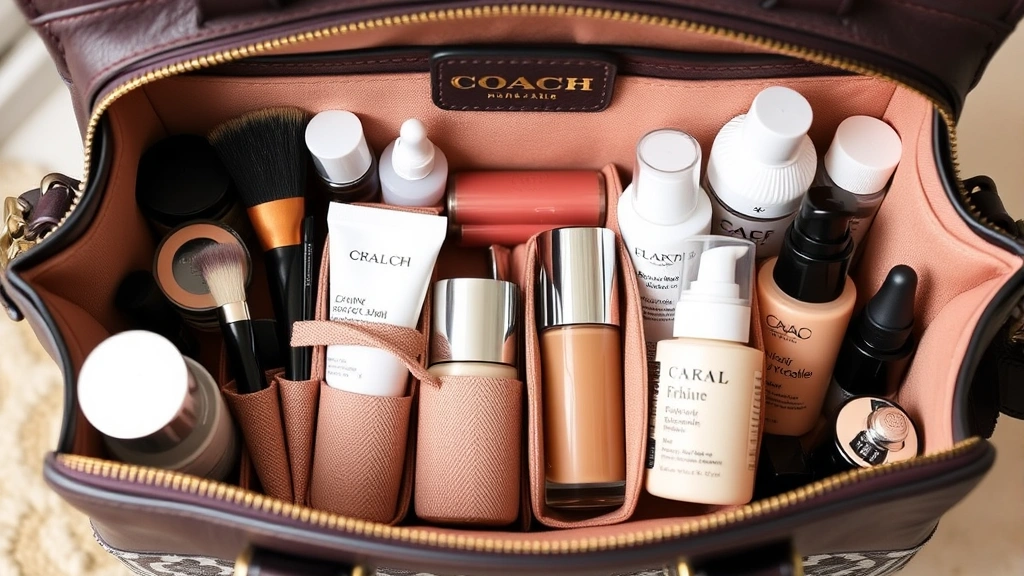 Organized cosmetic products inside Coach purse including skincare bottles, makeup brushes in elastic slots, foundation containers, and liquid serums arranged neatly in multiple compartments