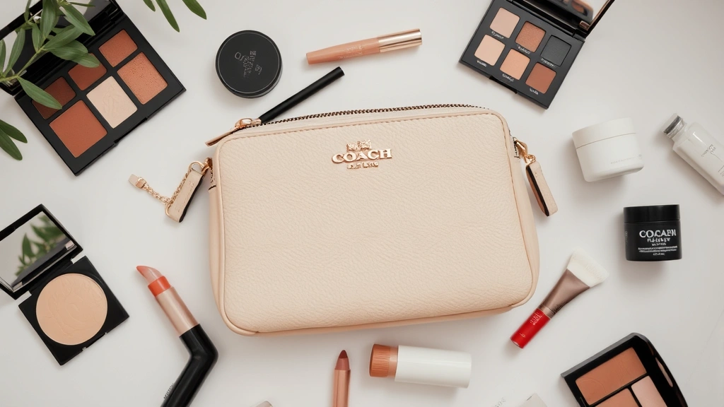 Flat lay of Coach cosmetic purse in neutral color with luxury aesthetic, positioned with scattered beauty items like pressed powder, lip balm, eyeshadow palettes, and skincare jars nearby