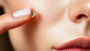 Close-up of clear, glowing skin with a single drop of luminous serum on fingertip, professional lighting, dewy complexion, no text or labels visible