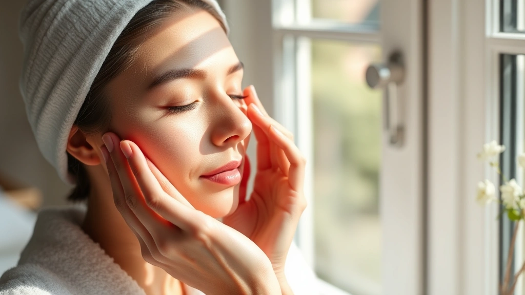 Serene skincare application scene showing hands gently pressing serum onto clean face, natural morning light streaming through window, peaceful spa-like atmosphere