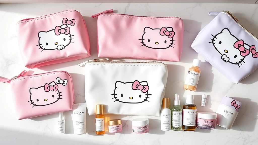 Flat lay arrangement of Hello Kitty cosmetic bags in various pastel colors (pink, white, lavender) with neatly organized skincare bottles, serums, and jars displayed beside them on a marble vanity surface with soft natural lighting