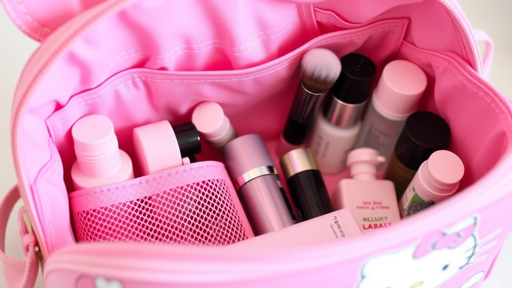 Close-up detail shot of a pink Hello Kitty cosmetic bag's interior compartments showing organized skincare products, makeup brushes in a mesh pocket, and product bottles arranged vertically with clear visibility of contents