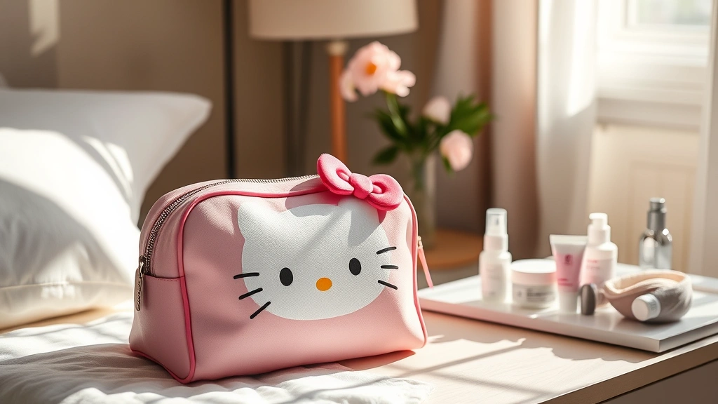 Lifestyle photograph of a Hello Kitty cosmetic bag sitting on a bedroom nightstand next to a skincare routine setup, with morning sunlight creating soft shadows, showing the bag as part of a daily beauty regimen environment
