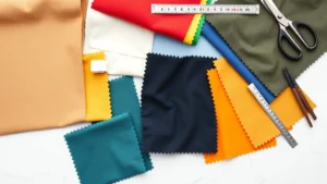 Flat lay of colorful fabric swatches including canvas, quilted cotton, and waterproof laminated materials arranged on white surface with measuring ruler and scissors