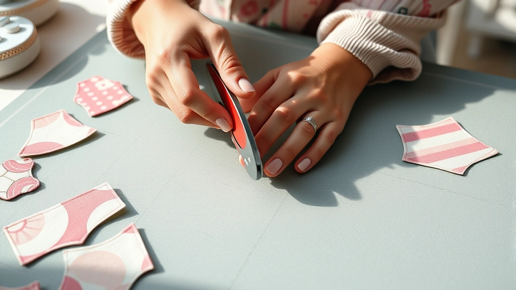Close-up of hands cutting fabric with rotary cutter on self-healing mat, multiple cosmetic bag pattern pieces visible, natural lighting, professional workspace setup