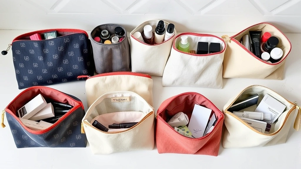 Finished cosmetic bags in various fabrics displayed with beauty products, canvas and linen varieties shown, organized interior pockets visible, lifestyle photography style
