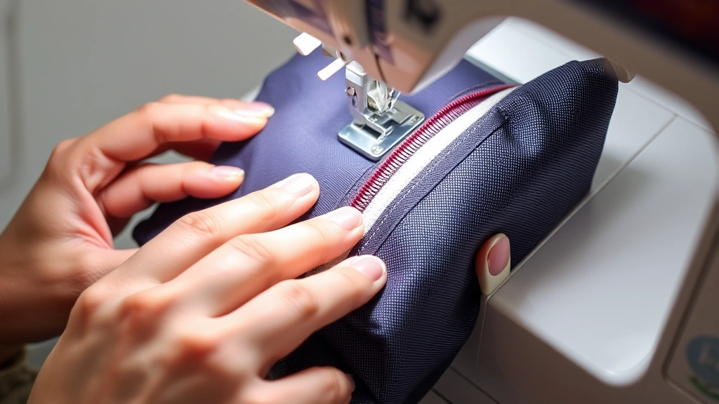 Seamstress hands inserting zipper into cosmetic bag using zipper foot, precise alignment visible, sewing machine in focus, detailed craftsmanship demonstration