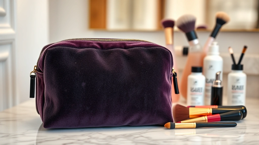 Close-up of luxurious velour cosmetic bag texture in rich jewel tones, soft focused background with makeup brushes and skincare bottles arranged artfully on marble vanity surface