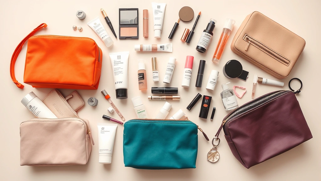 Flat lay overhead view of cosmetic bag collection in various colors displayed with curated skincare products, makeup items, and accessories arranged symmetrically on neutral background
