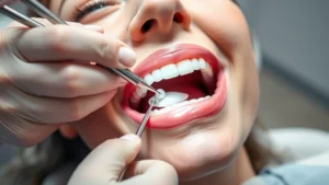 Close-up of dentist's hands applying tooth-colored composite resin to front tooth during cosmetic bonding procedure, showing precision sculpting with dental instruments, professional dental office lighting, patient in dental chair with mouth open