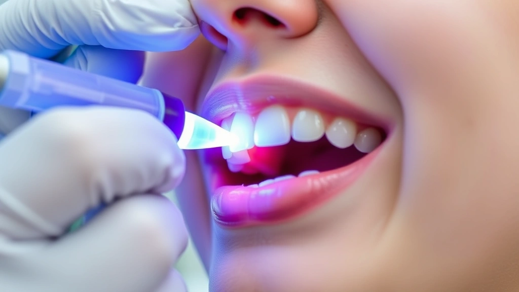 Close-up of dentist applying tooth-colored composite resin to front tooth with dental curing light, professional dental setting, patient's smile visible, natural lighting highlighting the bonding process