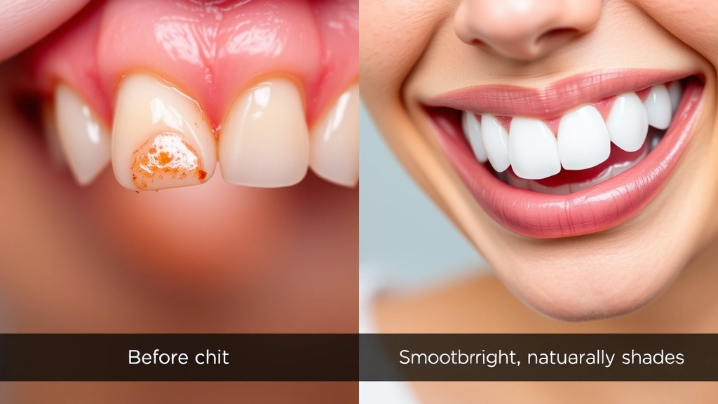 Before and after split-screen showing tooth with visible chip and discoloration on left side, transformed to smooth, bright, naturally-shaded bonded tooth on right side, patient smiling confidently, professional dental photography